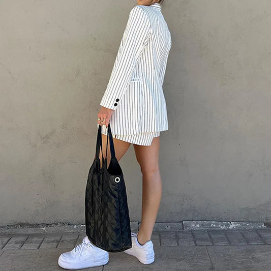 Spring And Autumn New Woman Fashion Striped Long Sleeve Button Pocket Suit Casual Shorts Two Piece Set Conjunto Dos Piezas Mujer