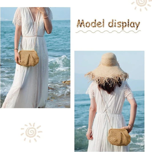 NEW-Straw Purse For Women Cloud Dumpling Pouch Straw Crossbody Shoulder Handbag Summer Beach Woven Bag
