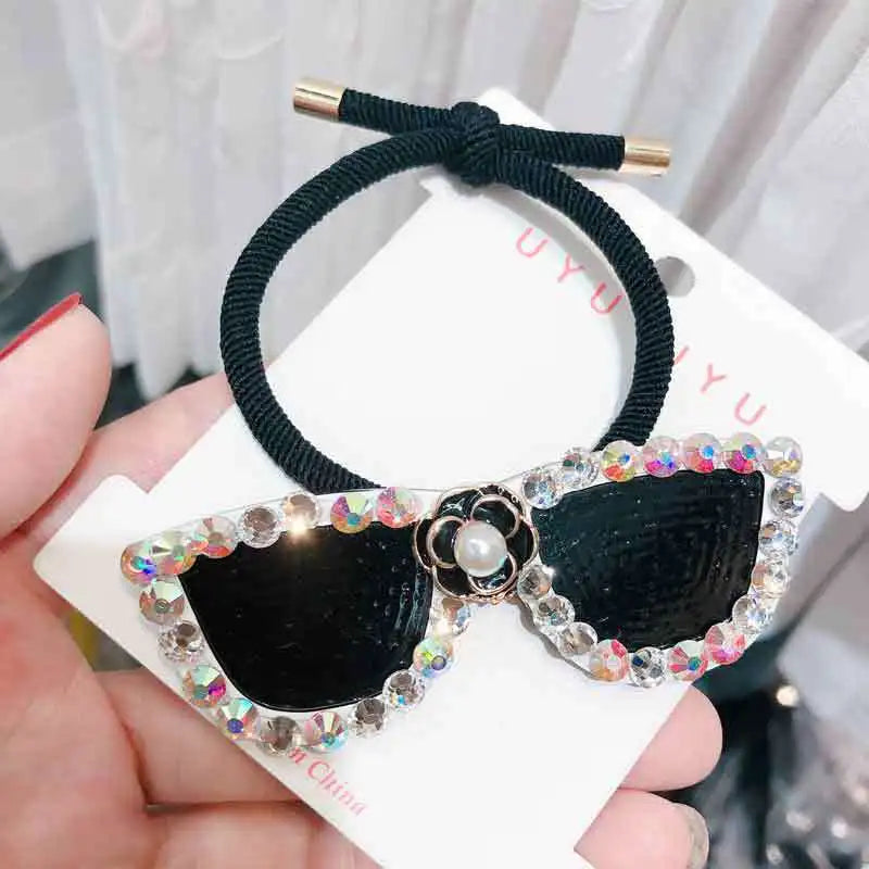 Black Sunglasses Shape Elastic Hair Bands Pins for Women Crystal Rhinestone Hairband Hair Clips Rope Tie Girls Hair Accesorios