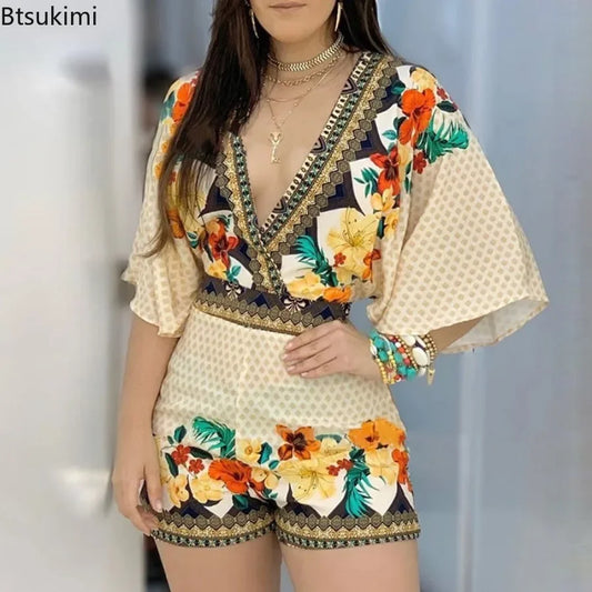 2025  clothes Women's Casual Jumpsuits Elegant Floral Print Overalls Summer Deep V-neck 3/4 Sleeve Rompers Ladies' Clothes Mujer Outfits