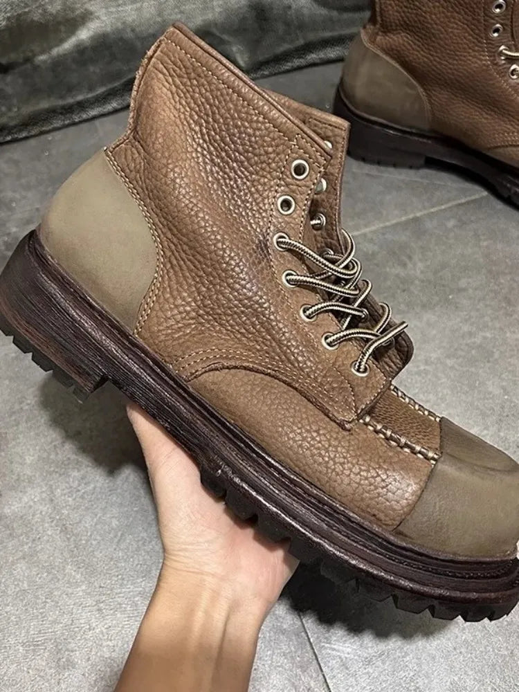 Vintage Mens Cow Genuine Leather Boots Lace Up Cargo High Top Shoes Spliced Personality High Street Mens Motorcycle Short Boots