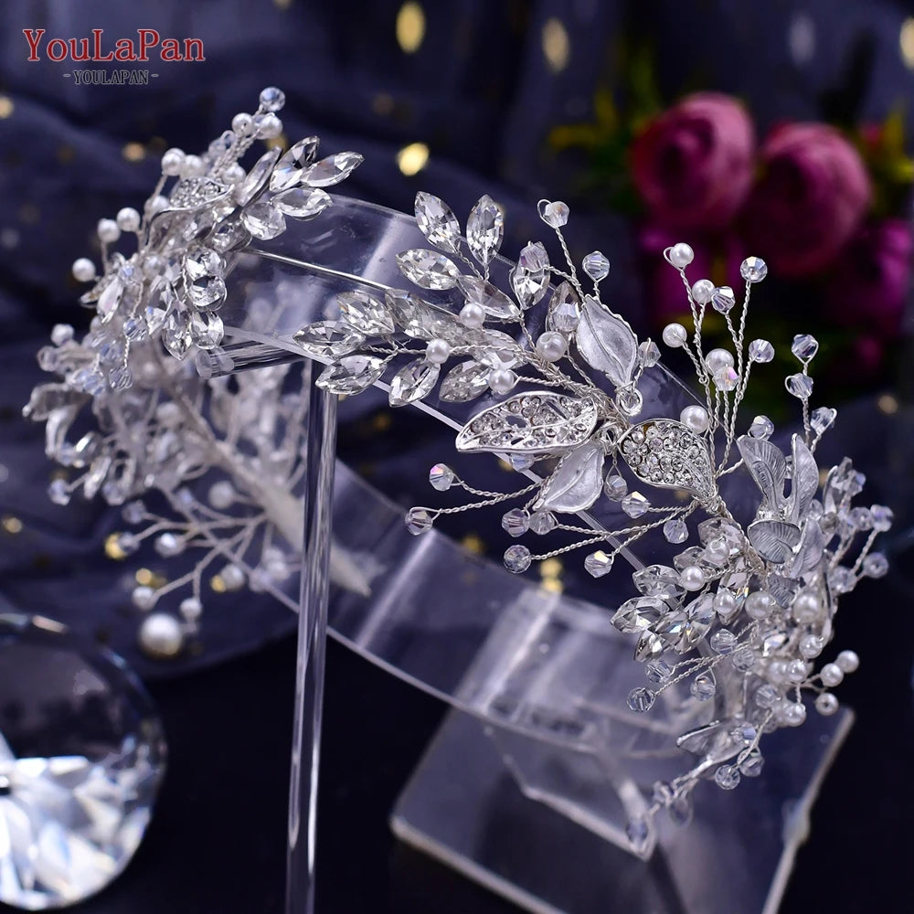 YouLaPan Crystal Bridal Headpiece Alloy Leaf Headband for Brides Wedding Hair Accessories Princess Tiara Pageant Headdress HP272