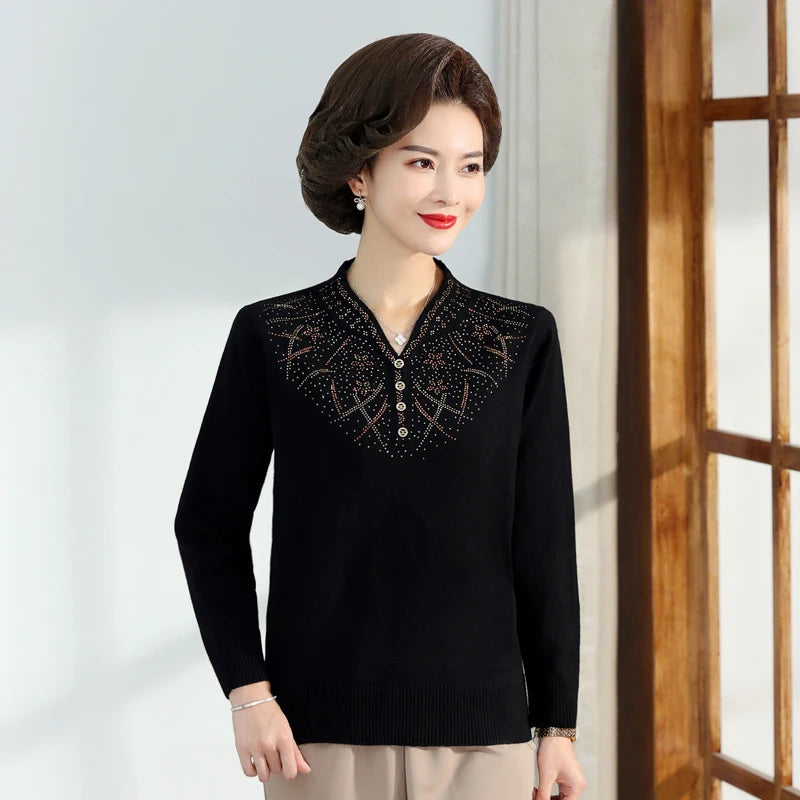 Middle-aged Women's Autumn Sweaters Pullovers V-neck JUmper Hot diamond Knitting Sweater Mother Dress Tops