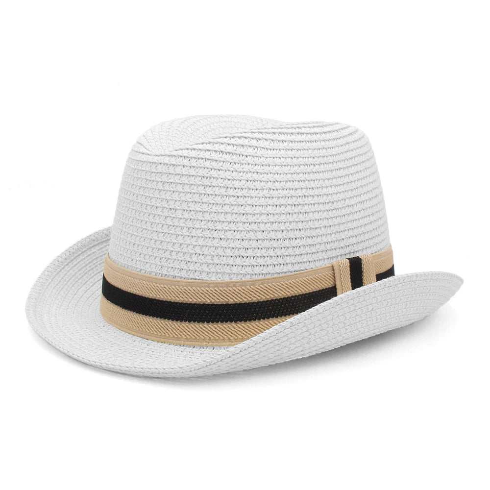Men Women Summer Solid Straw Homburg Hats Classical Retro Fedora Caps Trilby Sunhat Party Beach Travel Outdoor Adjustable Size