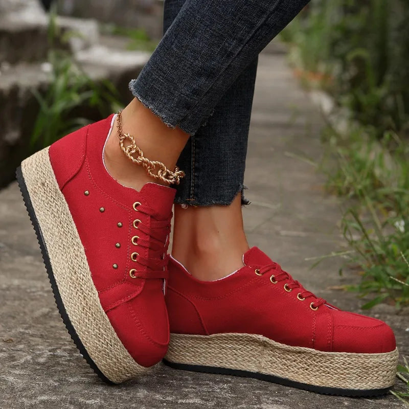 Women Casual Lace Up Shoes Round Toe Large Size Casual Footwear Women's Thick Soles Vulcanized Shoes  Canvas Sneakers