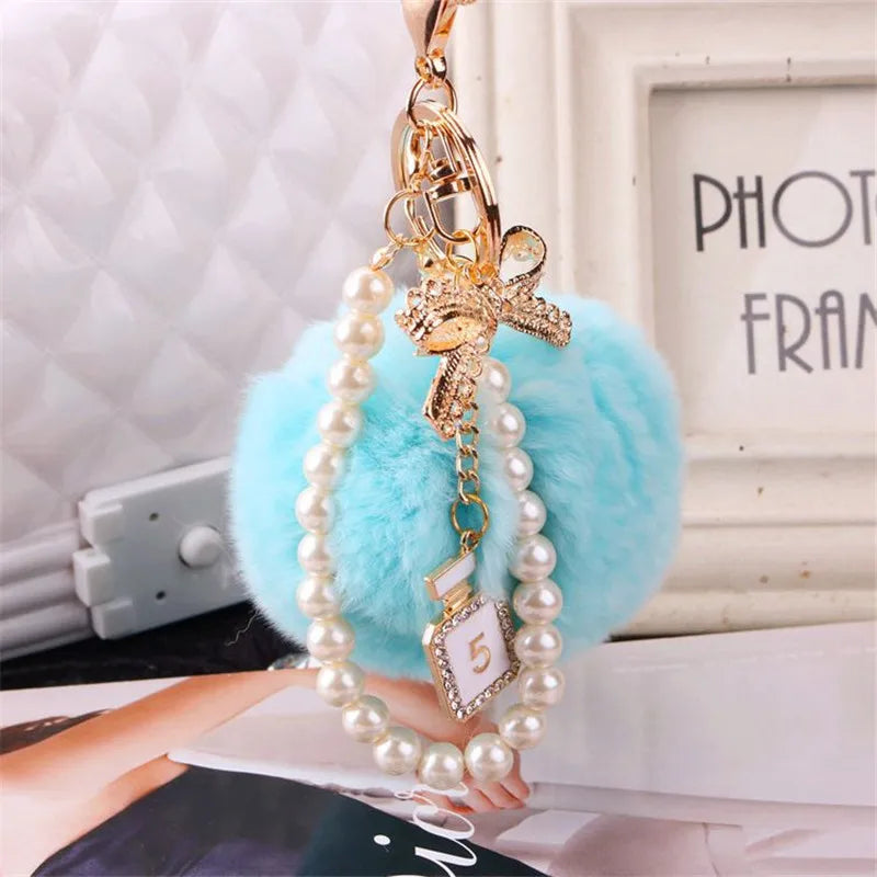 Car Women handBag Key Chain Fashion Pearl Chain Crystal Bottle Bow Pompom Keychain Fluffy Puff Ball Keychains Jewelry