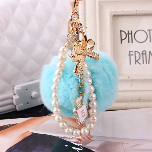 Car Women handBag Key Chain Fashion Pearl Chain Crystal Bottle Bow Pompom Keychain Fluffy Puff Ball Keychains Jewelry