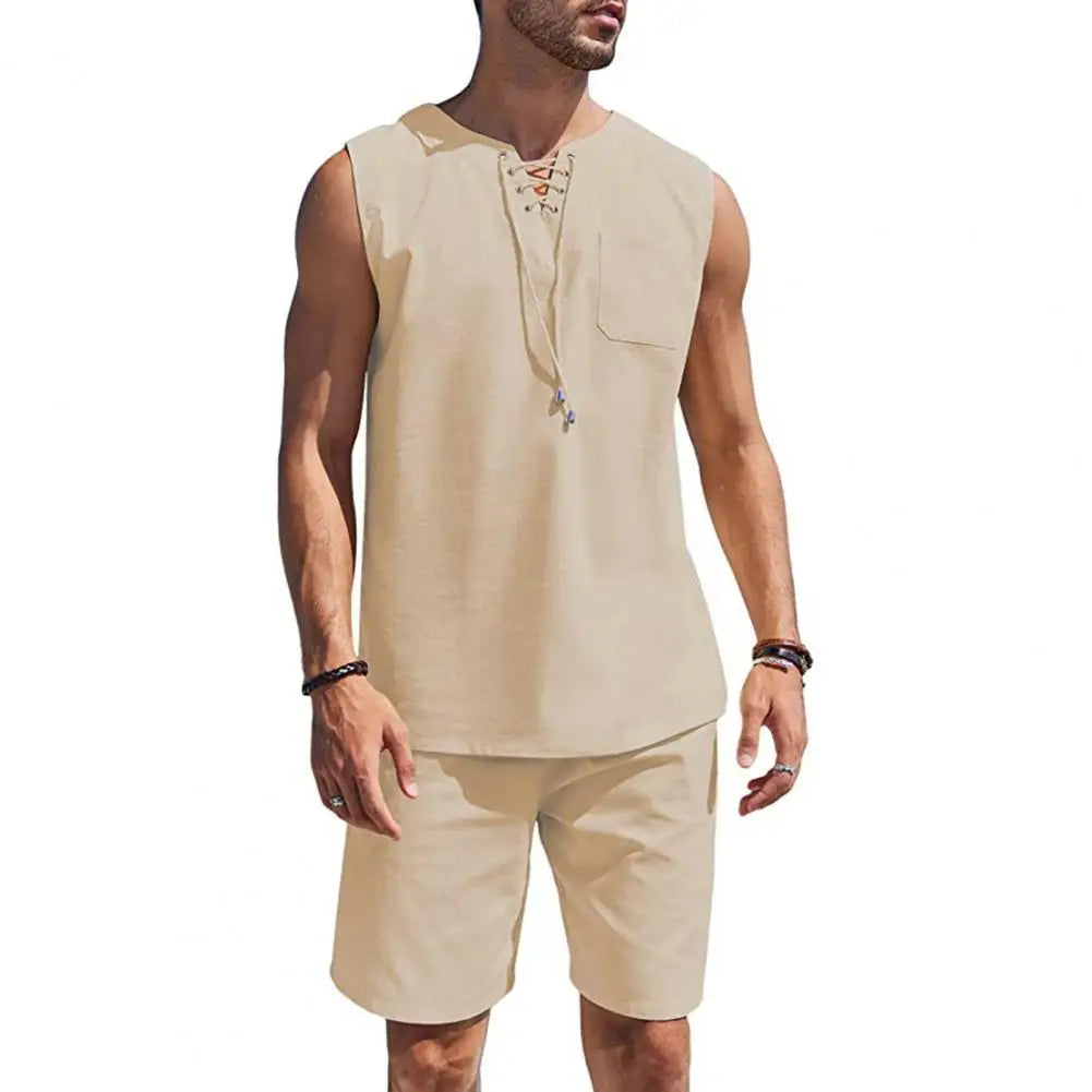T-shirt Shorts Set Men's Sportswear Set Sleeveless V Neck Vest Elastic Waist Shorts with Patch Pockets Breathable Quick for Men mon