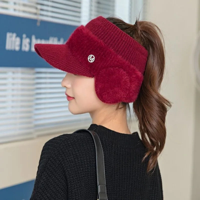 Autumn Winter Hollow Top Knitted Woolen Bomber Hat Ear Protection Thickened Warm Women's Fashion Baseball Hat Knitted Woolen Cap