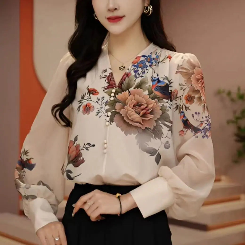 V-neck Vintage Printed Long Sleeve Shirt Female Elegant Fashion All-match Pullover Blouse Women oversized Blouse