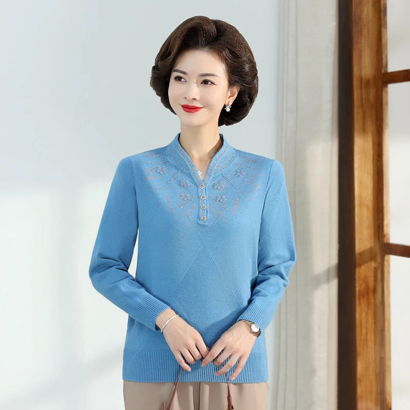 Middle-aged Women's Autumn Sweaters Pullovers V-neck JUmper Hot diamond Knitting Sweater Mother Dress Tops