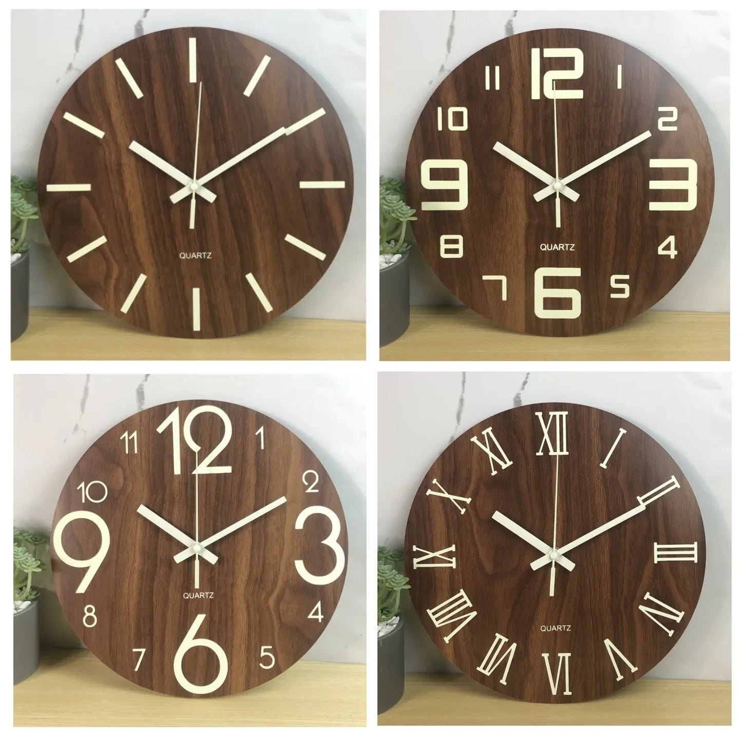 12 Inch Wall Clock Luminous Wood Night Glow Visible Nordic Silent Clock Decoration with Night Light for Bedroom Living Room Home