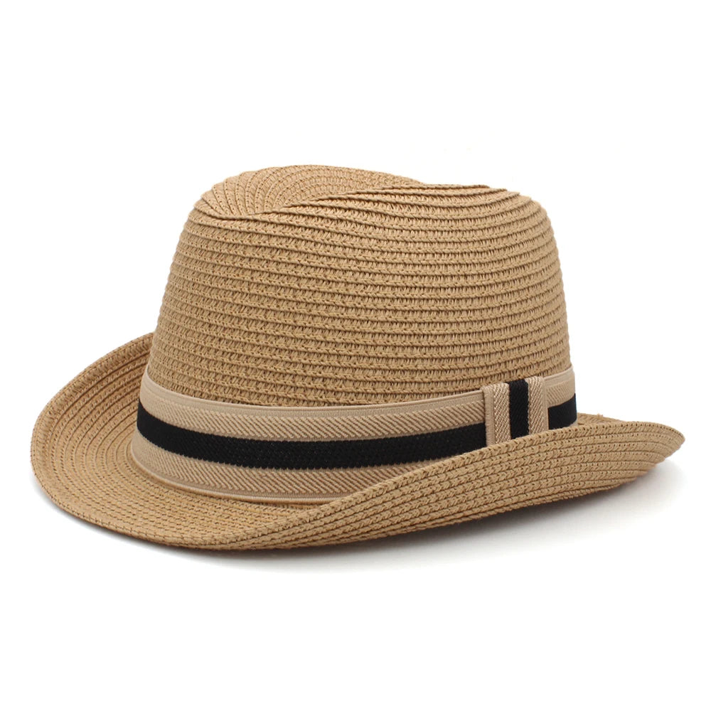 Men Women Summer Solid Straw Homburg Hats Classical Retro Fedora Caps Trilby Sunhat Party Beach Travel Outdoor Adjustable Size
