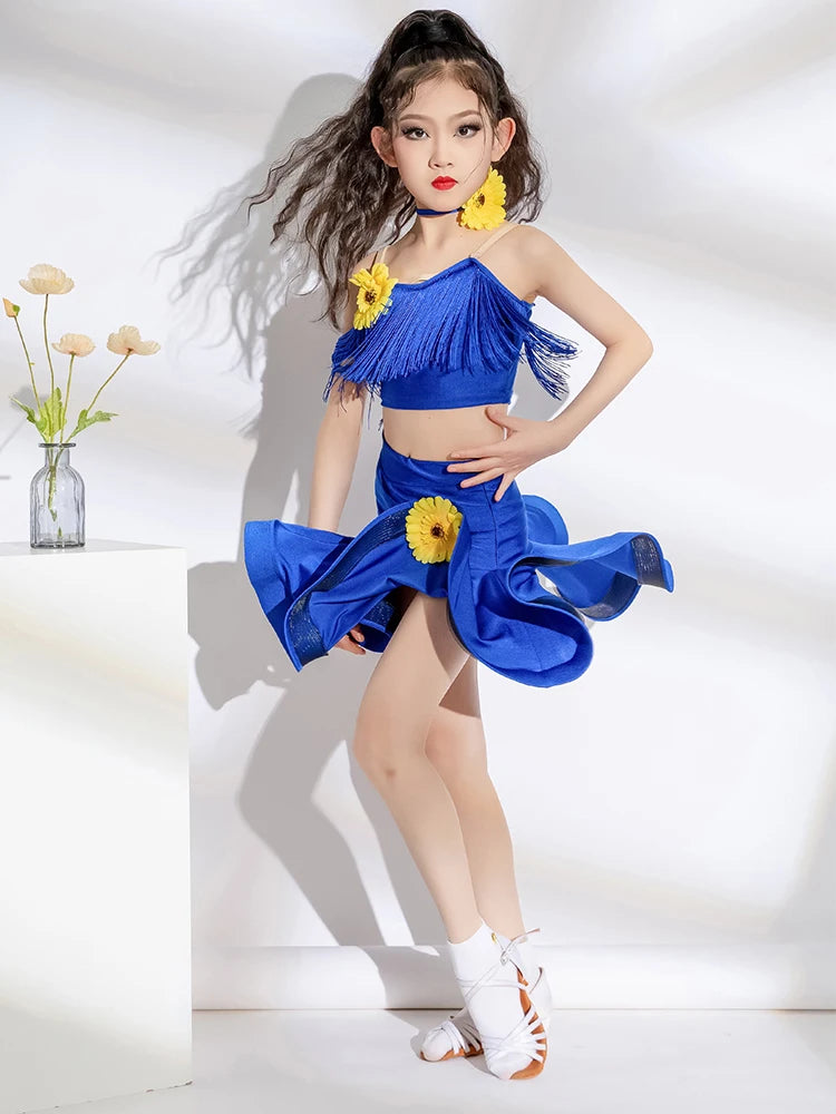 Latin Dance Outfit for Girls 2024 New Summer Children New Floral Practice Competition Clothing