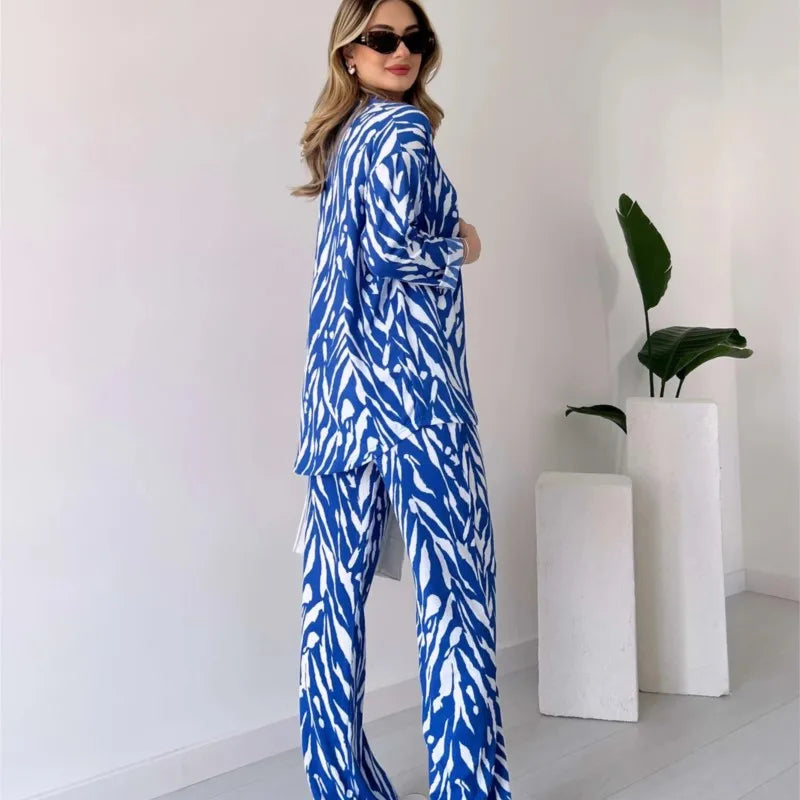Women's Zebra Print 2-piece Set 2025 Spring Summer New Fashion Long Sleeve Shirt Top High Waist Wide Leg Pants Casual Outfits