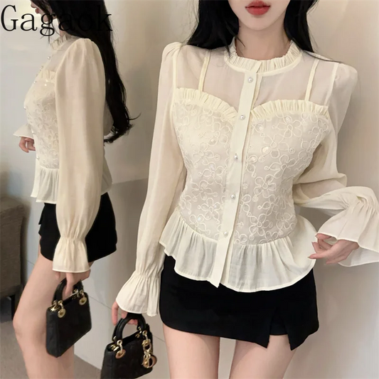 Gagaok French Style Women Tops Temperament Fungus Splicing Fashion Shirts 2025 Spring New Slimming Blouse Casual Clothes
