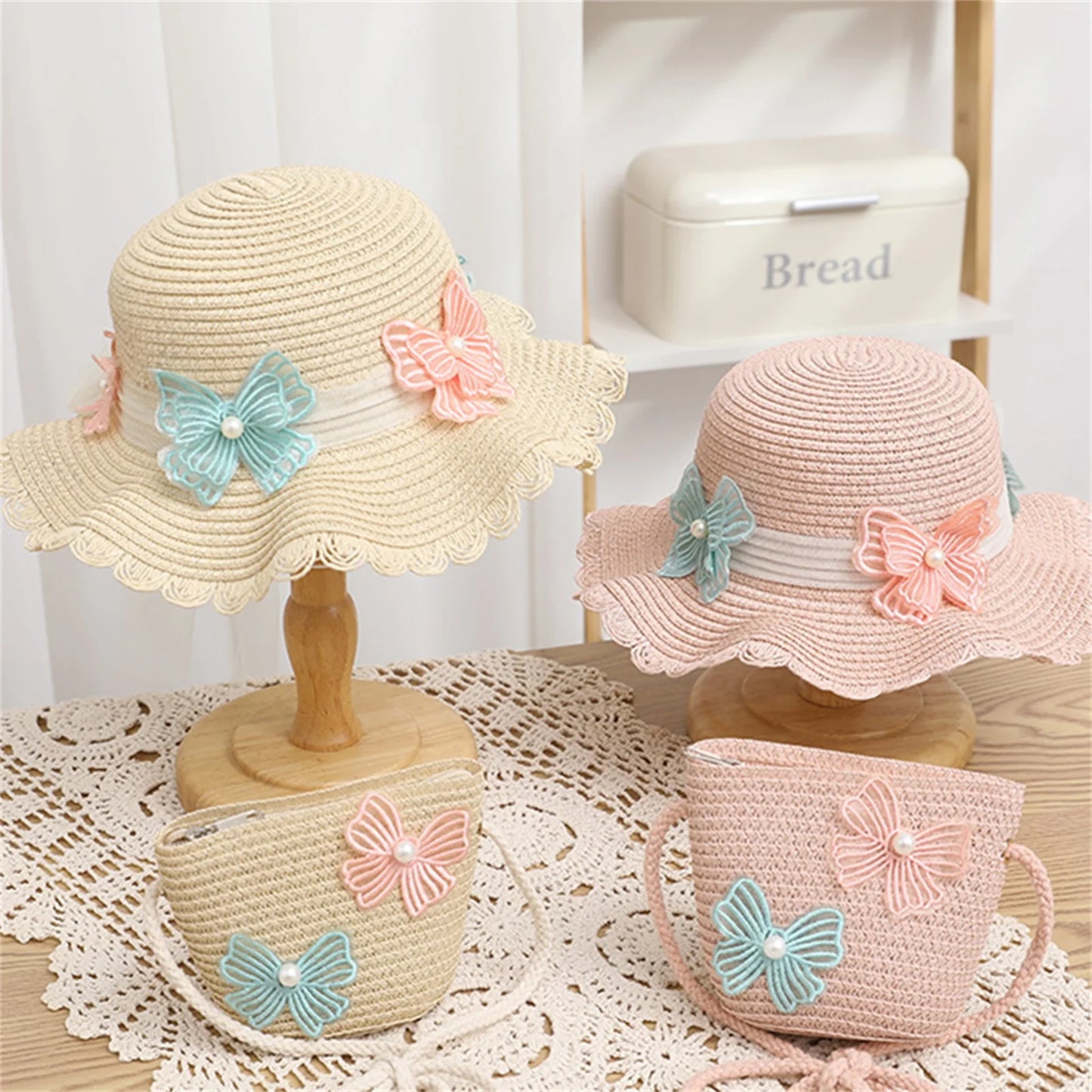 2pcs Set Girls Summer Straw Sun Hat Kids Summer Protection Wide Brim Reversible Bow Hats with Crossbody Bag Outdoor Acceessories