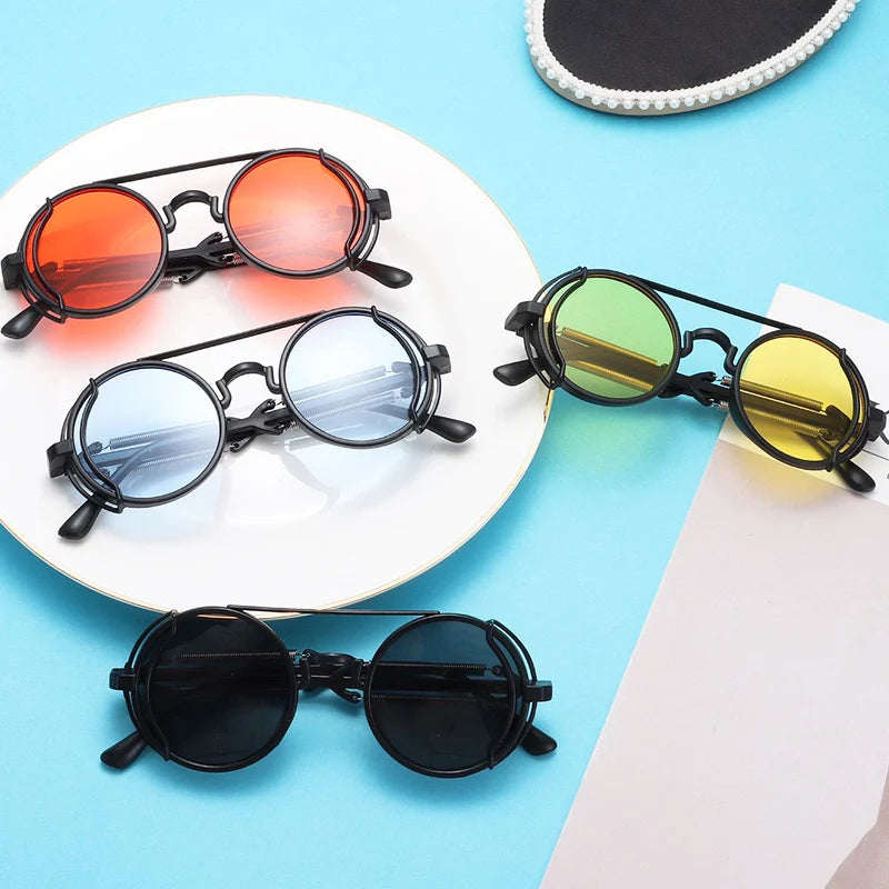 Classic Gothic Steampunk Sunglasses Double Spring Leg Glasses Men's Brand Designer Round Punk Eyewear Women UV400 Protection