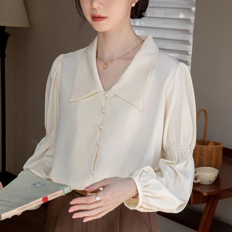 Elegant Lapel Lantern Sleeve Shirt Women's Clothing 2023 Autumn New Loose Casual Tops Loose Office Lady Blouse