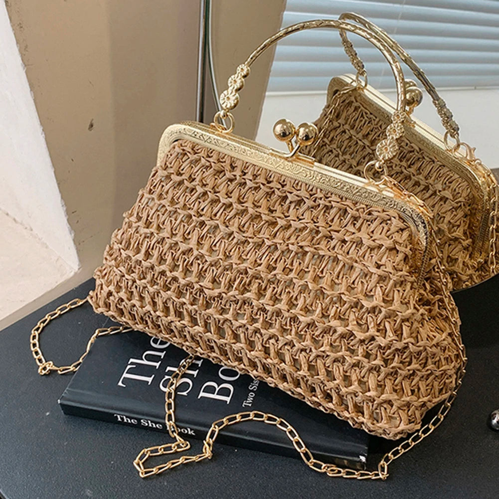 Summer Beach Straw Bags Exquisite Gold Chain Party Banquet Purse Hand Woven Handbag Female Clutch Bag Shoulder Crossbody Bags