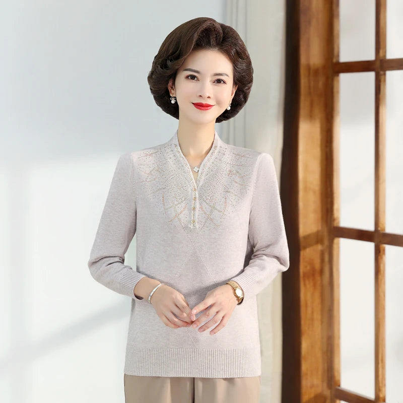 Middle-aged Women's Autumn Sweaters Pullovers V-neck JUmper Hot diamond Knitting Sweater Mother Dress Tops