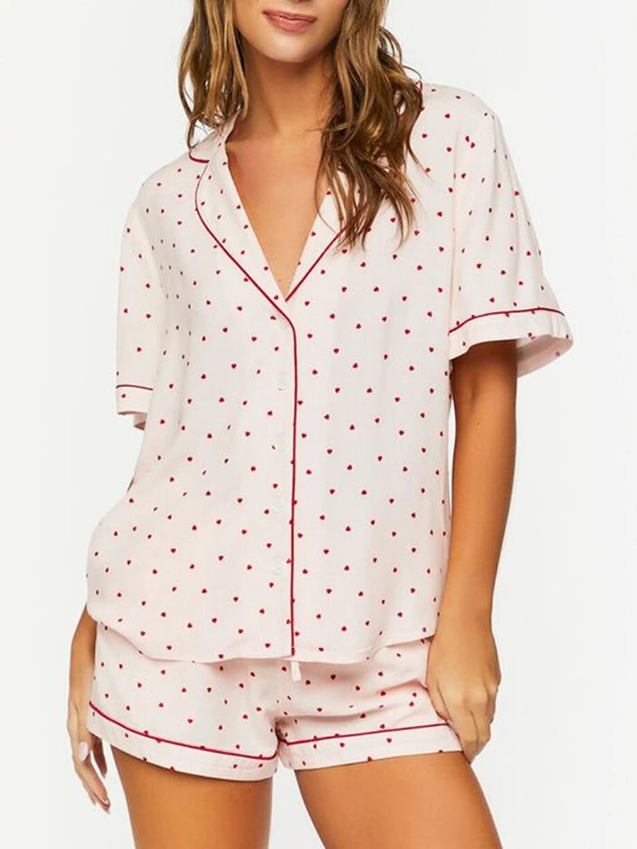 Women Pajamas Set 2 Pieces Loungewear Suits Heart Print Short Sleeve Loose Shirts Tops and Shorts Sleepwear Outfits