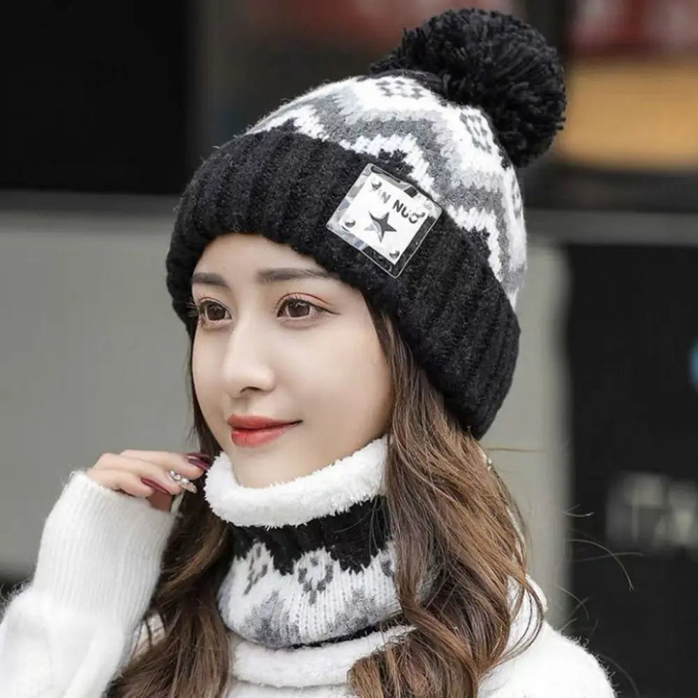 Cycling Plus Velvet Beanies Hat Ear Protection Windproof Hat Scarf Set Thick Warm Knit Skull Cap Women