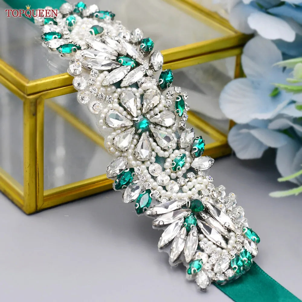 TOPQUEEN S22 Bride Rhinestone Belt Shiny Wedding Accessories Party Woman Emerald Belts Jewelry Wedding Dress Decoration Sash