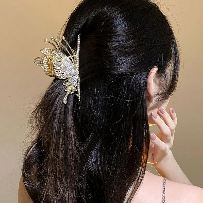 New Metal Black Butterfly Clip Rhinestone Back Head Shark Clip Large Headgear High-end Temperament Hair Accessory