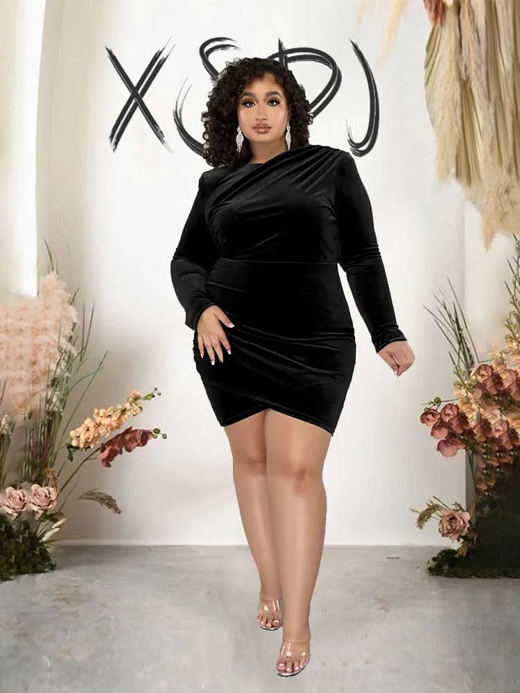 Plus Size Fashion Women Clothing Curvy Dresses Velvet Winter Party Dress Evening Low Back Draped Dresses Wholesale Dropshipping