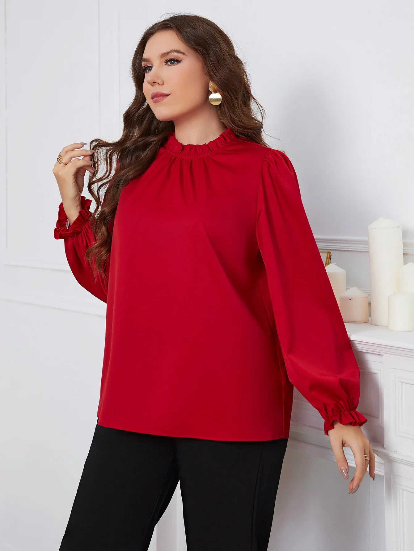 Plus Size Red Long Sleeve Shirt for Women Solid Oversized Loose Casual Shirts All Season Women Plus Size Tops Office Lady