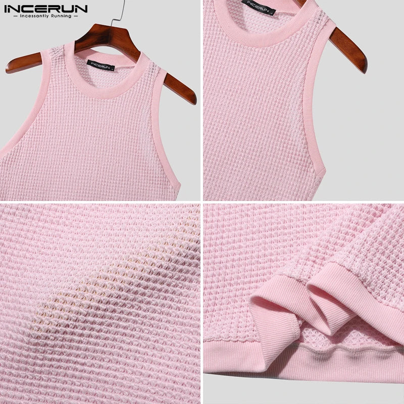 INCERUN Men Tank Tops Mesh Hollow Out See Through Solid Vests Summer Streetwear 2024 Fitness Fashion Casual Men Clothing S-5XL