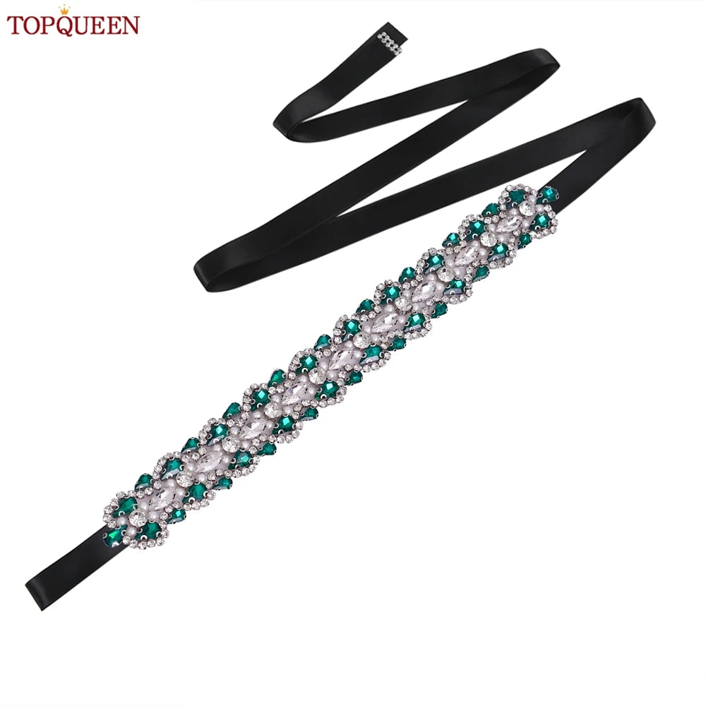 TOPQUEEN Luxury New Bridal Belt Wedding Supplies Dinner Dress Waist Decoration Green Bridesmaid Sash Accessories S466-D
