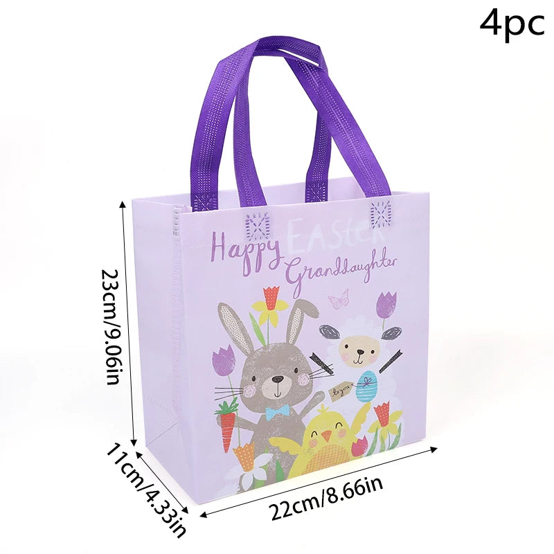 4pcs Easter Waterproof Non-woven Gift Bag Cartoon Egg Bunny Printed Candy Packaging Bag With Handles Happy Easter Party Supplies