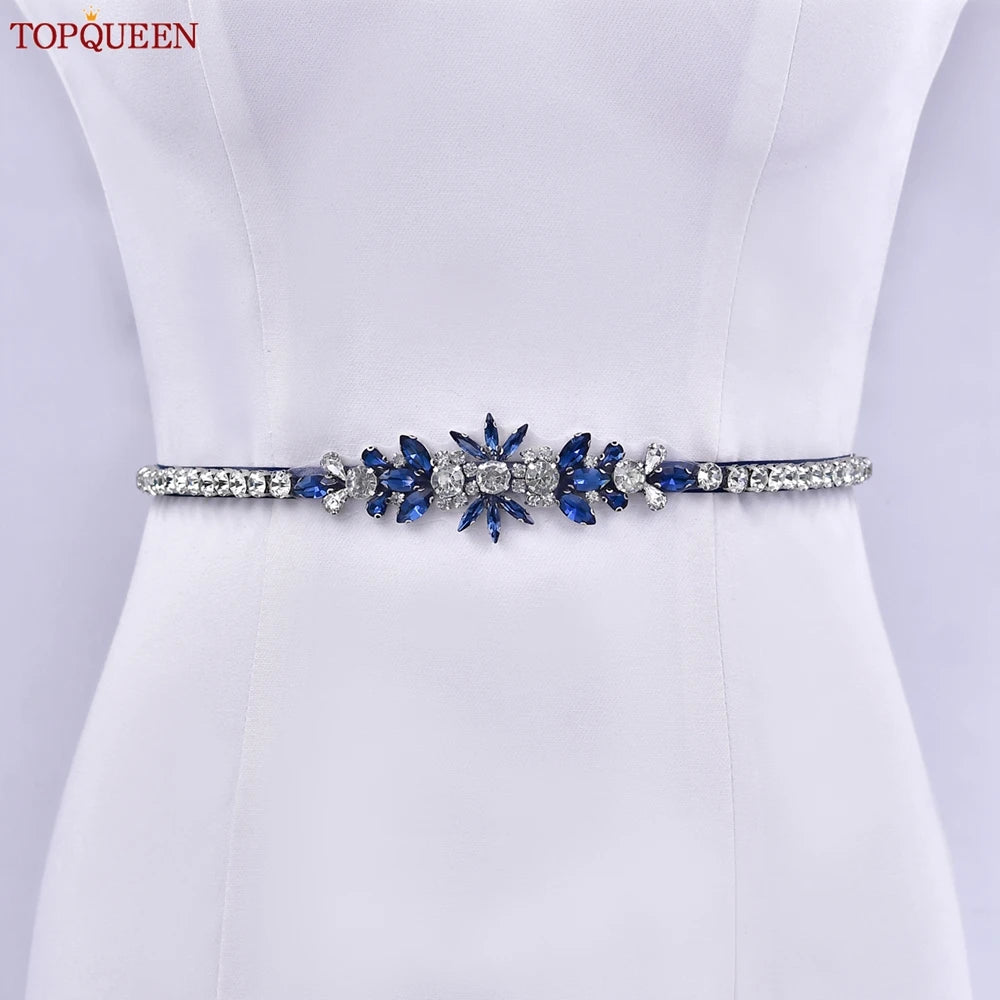 TOPQUEEN Blue Diamond Bridal Ribbon Belt Banquet Evening Dress Jewelry Sash Wedding Accessories Women Waist Decoration S166-ML