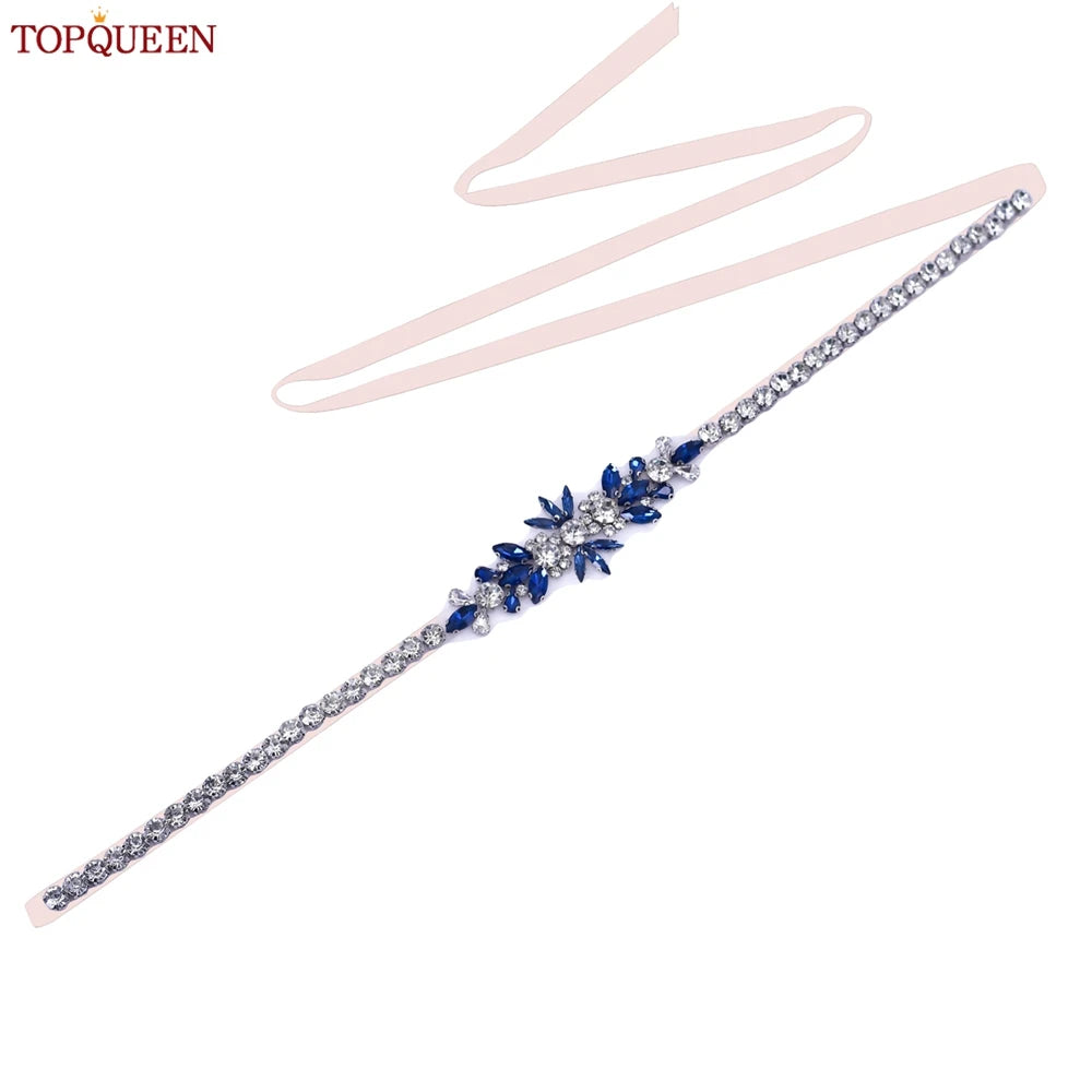 TOPQUEEN Blue Diamond Bridal Ribbon Belt Banquet Evening Dress Jewelry Sash Wedding Accessories Women Waist Decoration S166-ML