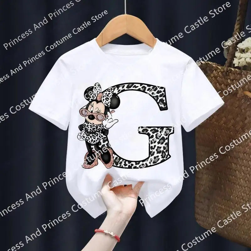 Minnie Letter A B C D Children T-shirt Kawaii Disney Clothes for Girls T Shirt Anime Cartoons Casual Kid Boy Short Sleeve Tops