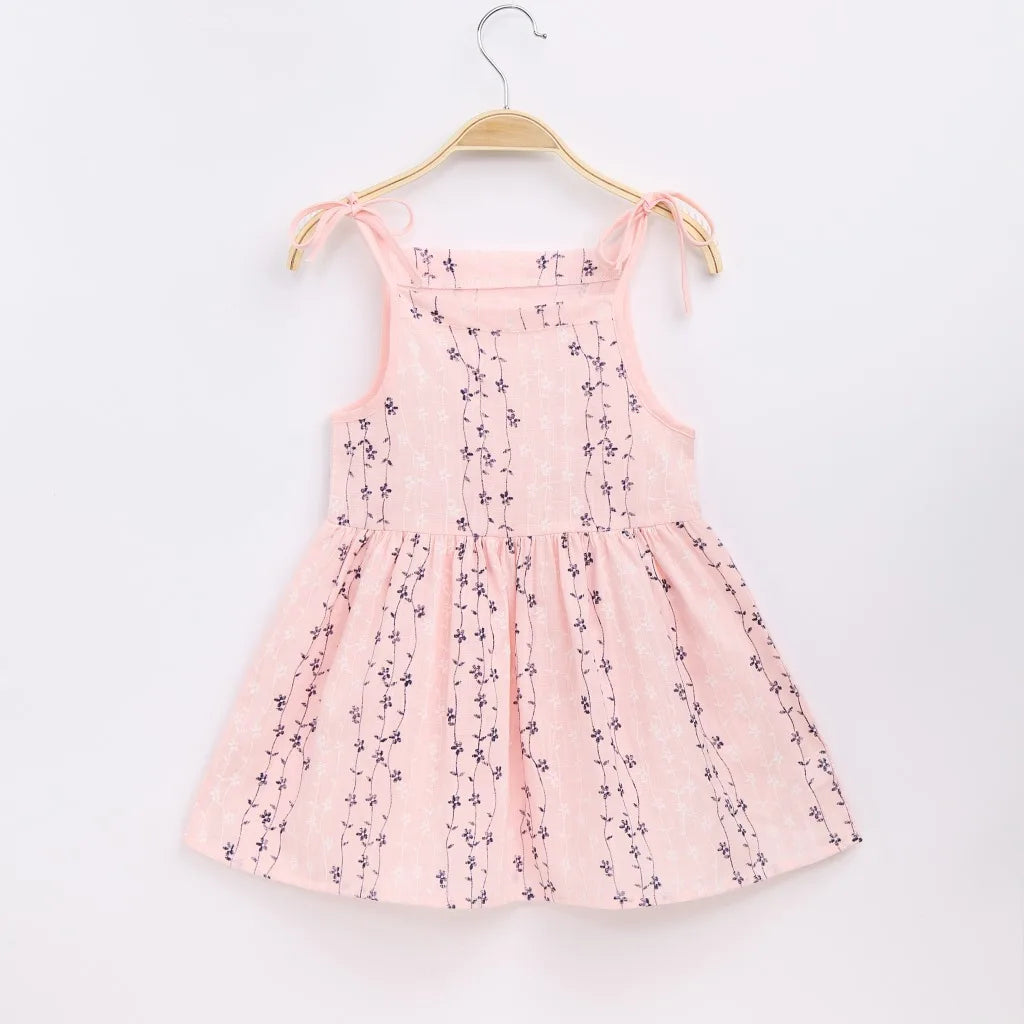 Girls Strappy Pink Sleeveless Printed Dress Cotton And Linen Casual Dress