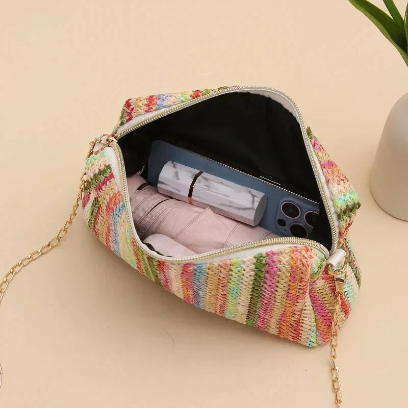 Rattan Knitting Women Straw Bag Beach Summer Chain Small Purse and Handbag Female Shoulder Crossbody Bags Travel Design Flap Bag