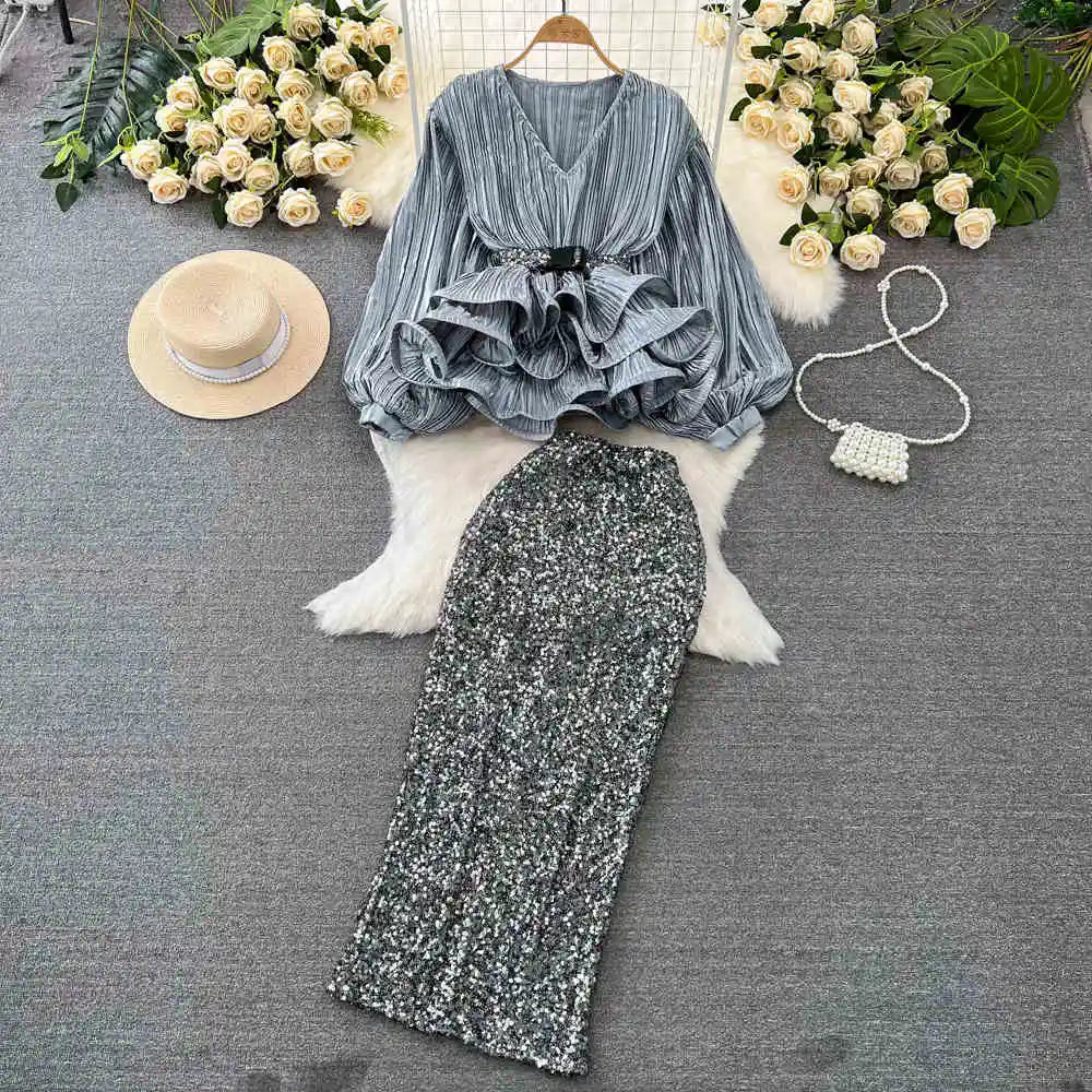 Fashion Blouse Skirts Set Women's Lantern Long Sleeve V-neck Ruffles Shirt High Waist Sequin Half Skirt for Party 2025 New