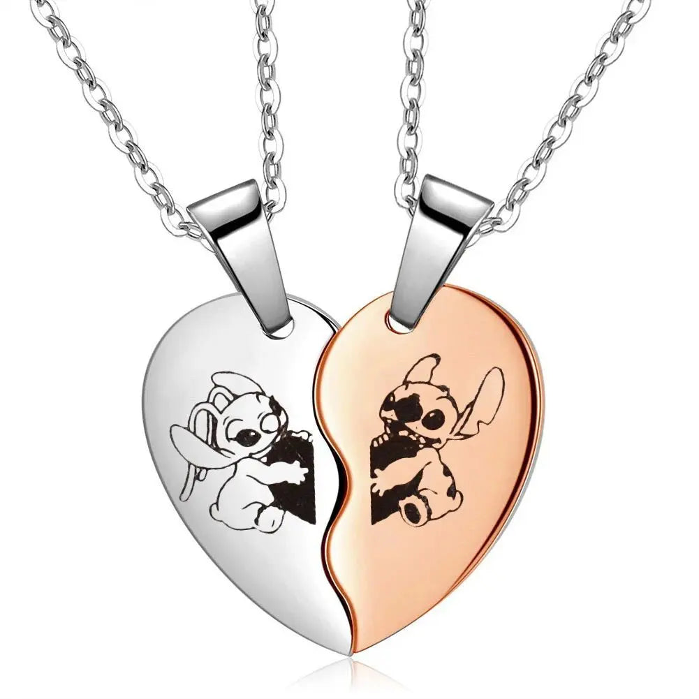 Best Friends Disney Lilo & Stitch Necklace Stainless Steel Stitching Cute Figure Stitch Heart Pendant Neck Chain Lovers Jewelry