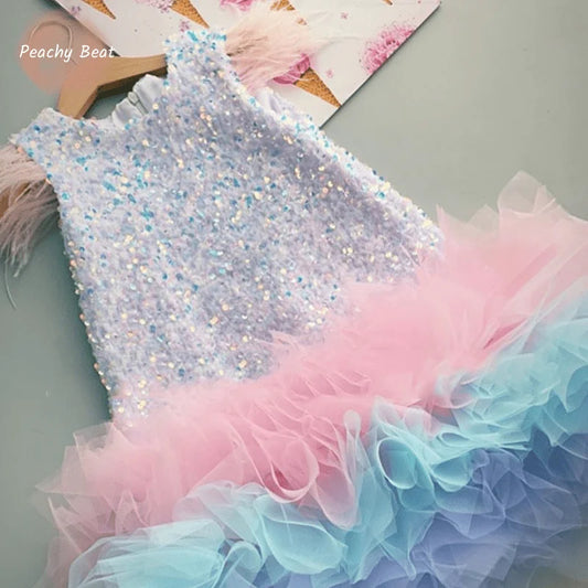 Baby Mädchen Prinzessin Feder Pailletten Kleid Säugling Kleinkind Kind Teenager Regenbogen Vestido Party Pageant Geburtstag Baby Kleidung 1-14Y 