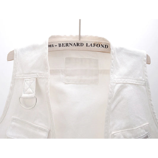 Summer Korean clothes White Denim Vest Women Cardigan Waistcoat Loose Short Big Pocket Sleeveless Jacket Jeans Vests Female Streetwear
