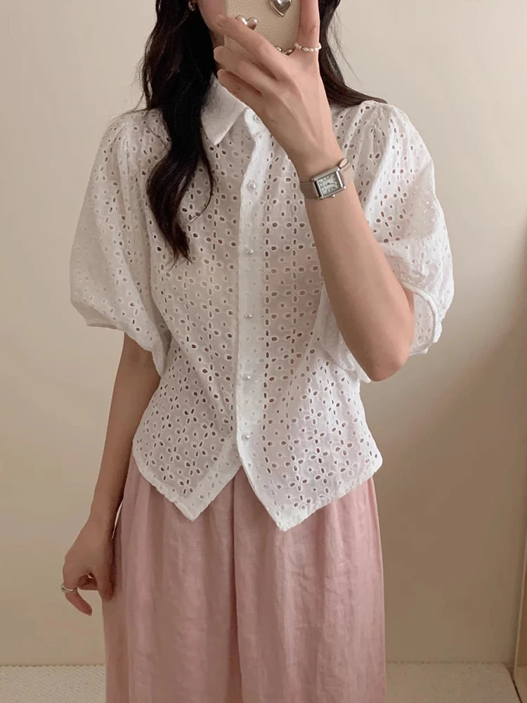 Korejpaa Korean Fashion Woman Shirt Vintage Clothes 2025 Spring Turn-down Collar Hollow Out Embroidery Jacquard White Shirts