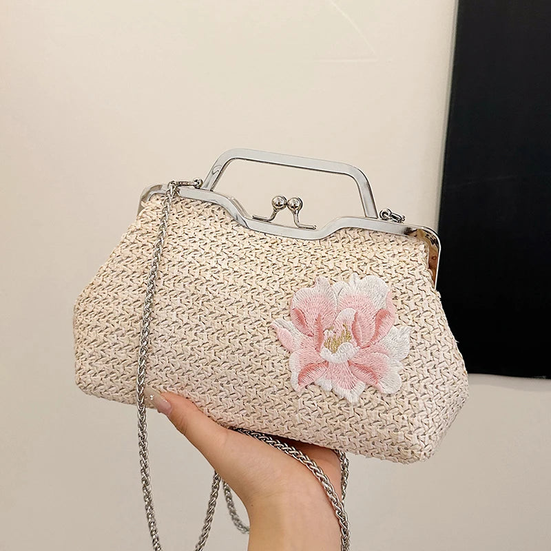 Straw weaving women purse,fashion Embroidered flower handbag for women,lady Beach holiday shoulder crossbody bag,messenger bag