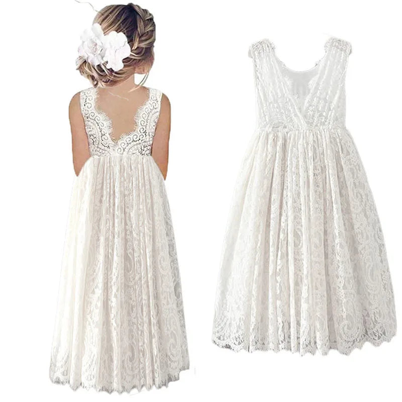 Big Size Princess Girls Cotton Lace Long Dress For 2-14 Years