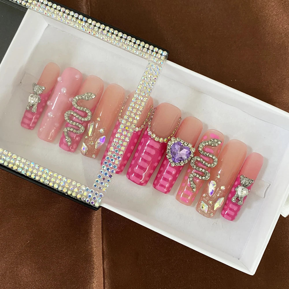 2024 New Design Nail Art Y2K Gel Polish Square Acrylic Luxury Glossy Bling Handmade Press On Nails 10 PCS Fingernails