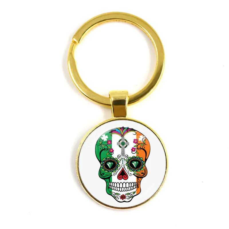 Fashion Colorful Sugar Skull Keychain Mexico Folk Art Patterns Glass Pendant Key Chain Jewelry Holiday Gift