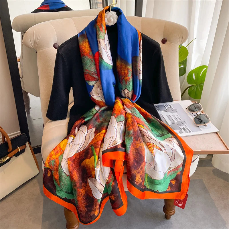 New 2025 180*88cm classic Silk Scarf Women Foulard Office lady Large Fashion Print Beach Hijab Shawl Warp Bandanna Muffler