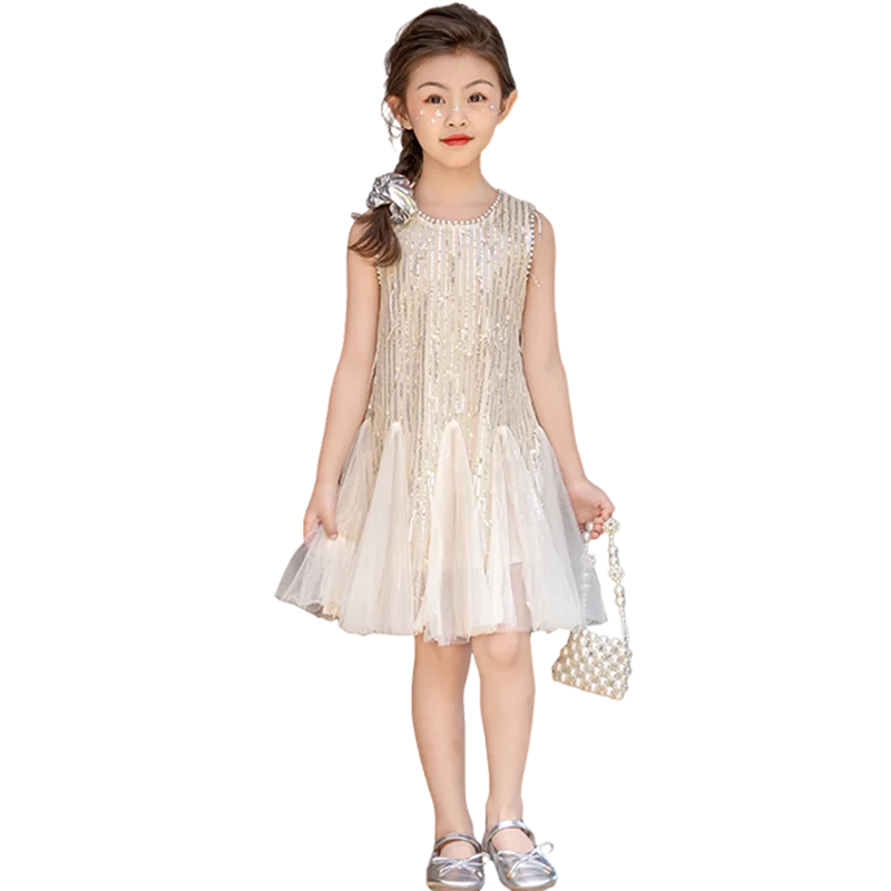 Beige girls dress Pearl tassel sequin vest